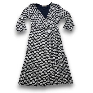 Gilli Navy White Geometric Faux Wrap Dress 3/4 Sleeve V-Neck Jersey Knit USA